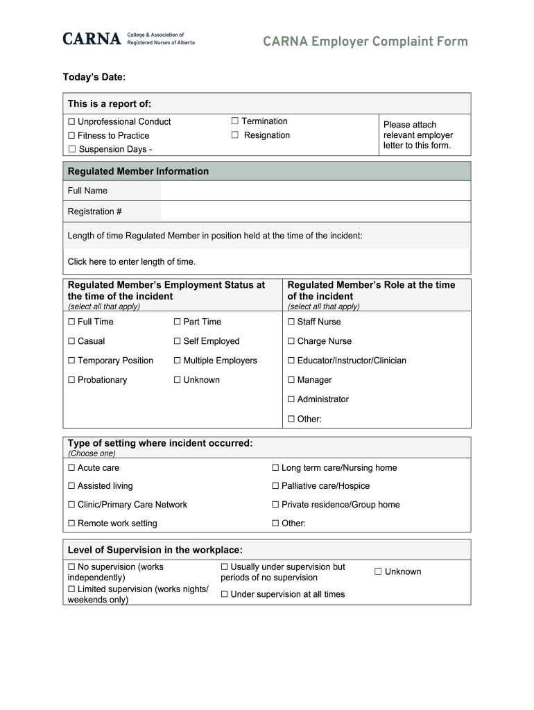 CARNA Employer Complaint Form