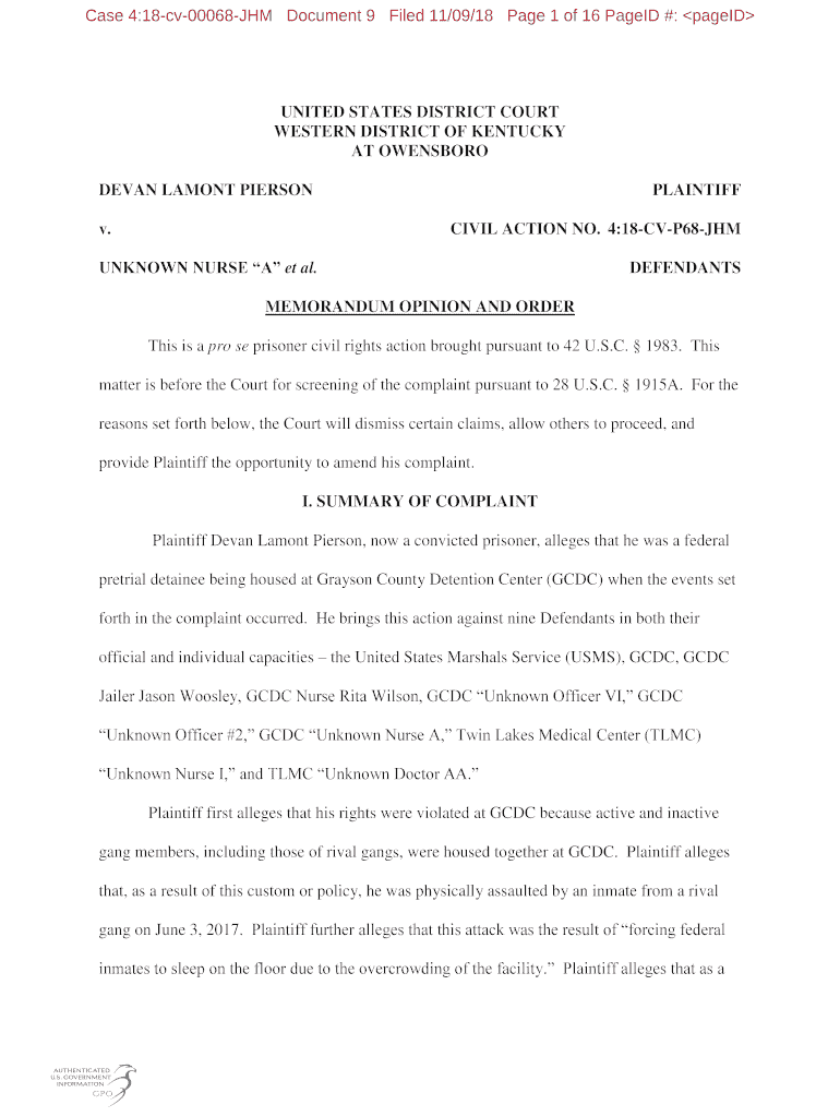 Case 418 Cv 00068 JHM Document 9 Filed 110918 Page 1 of 16 PageID #  Form