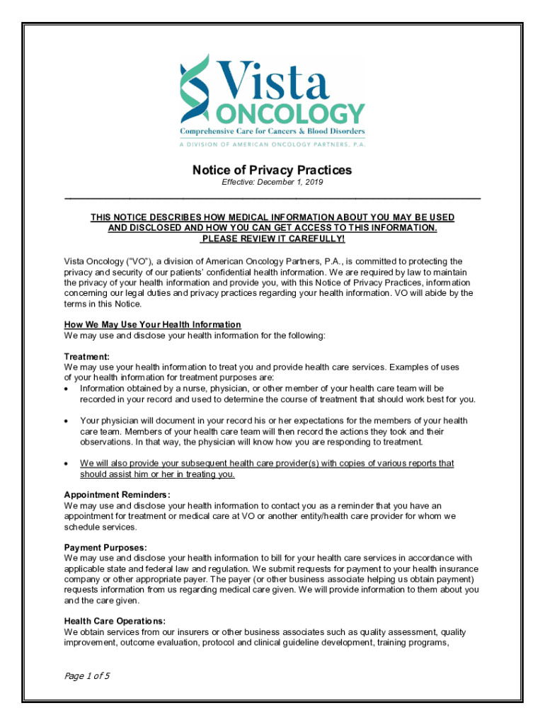 Vista Oncology Notice of Privacy Practices  Form