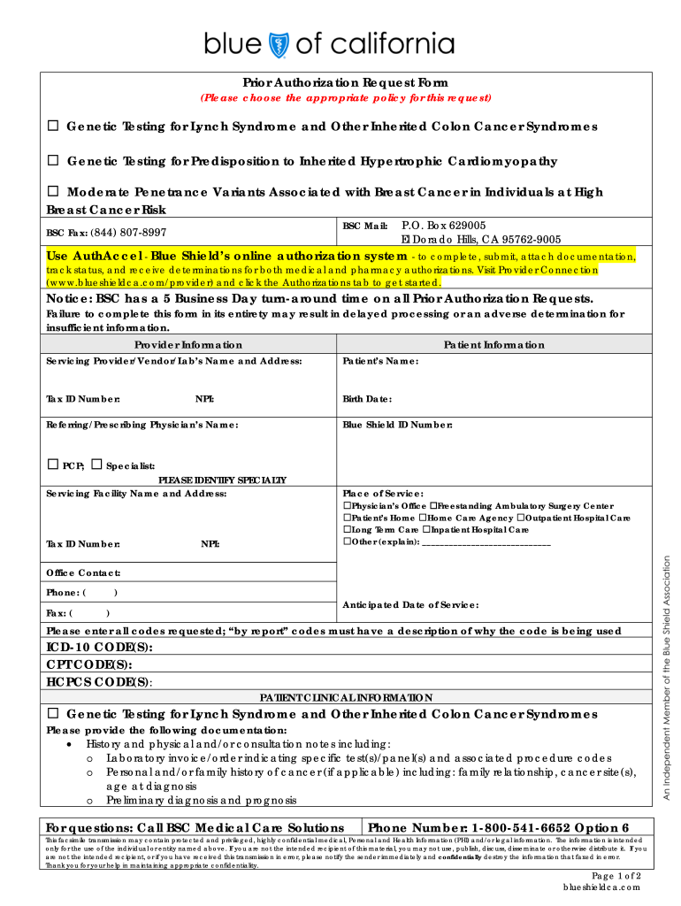 Prior Authorization Request Form Genetic Testing for Lynch