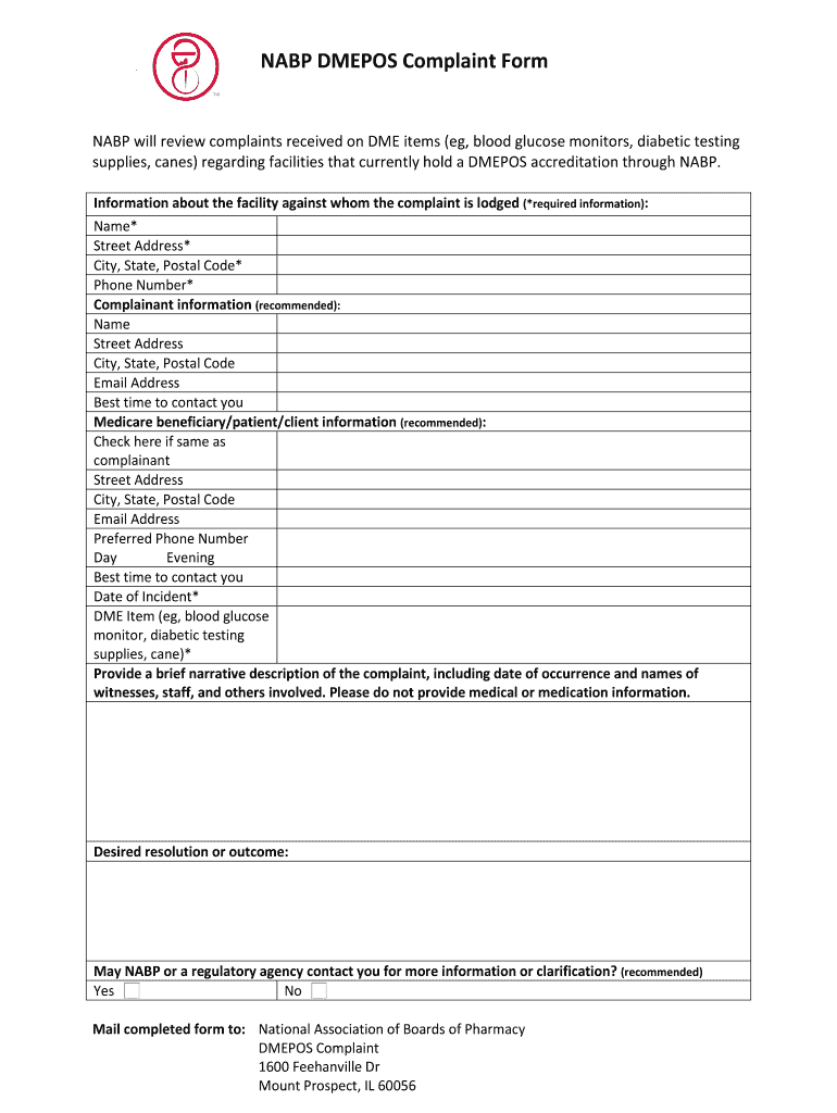 Complaint Form for the Durable Medical Equipment NABP