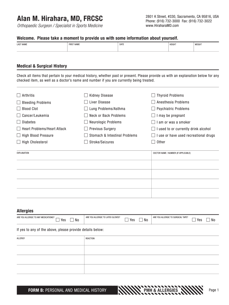 New Patient Form Knee Dr Alan M Hirahara, MD, FRCSC