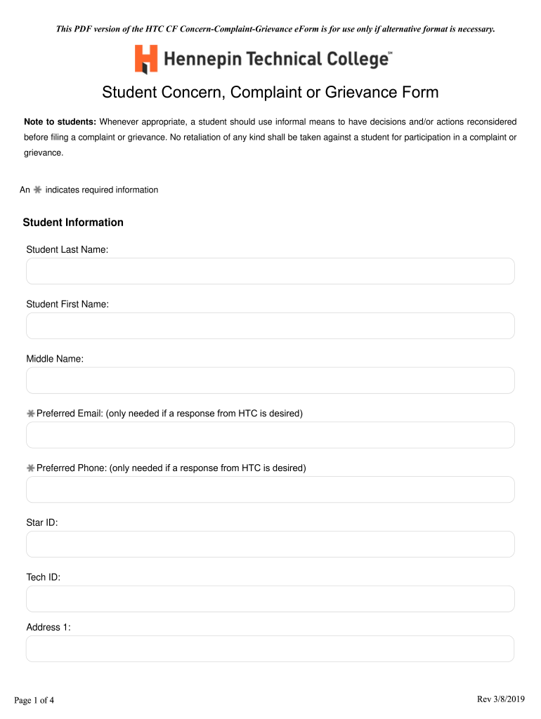 HTC CF Concern Complaint Grievance EForm