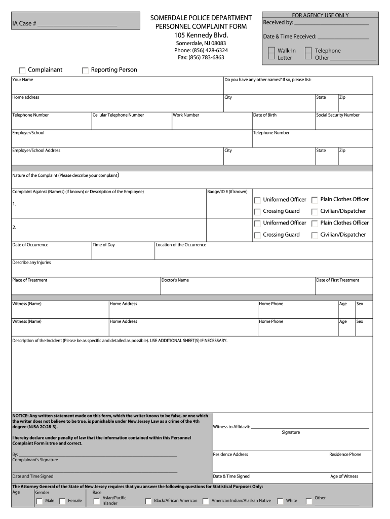 SOMERDALE POLICE DEPARTMENT  Form