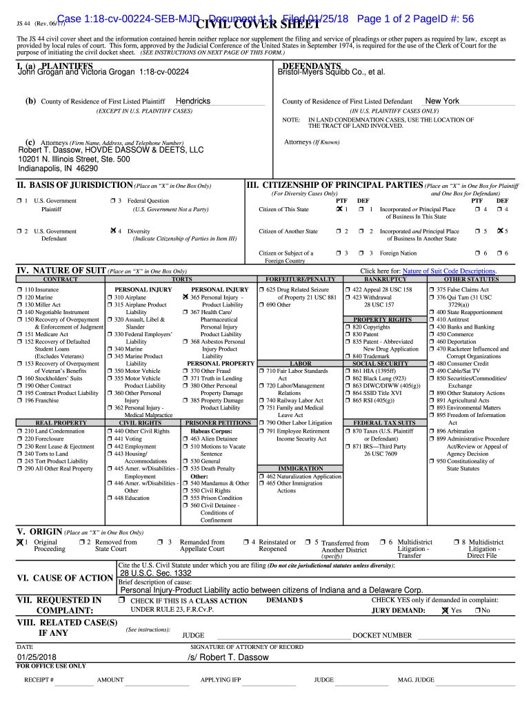 Case 118 Cv 00224 SEB MJD Document 1 Filed 012518 Page 1 of 55 PageID # 1  Form