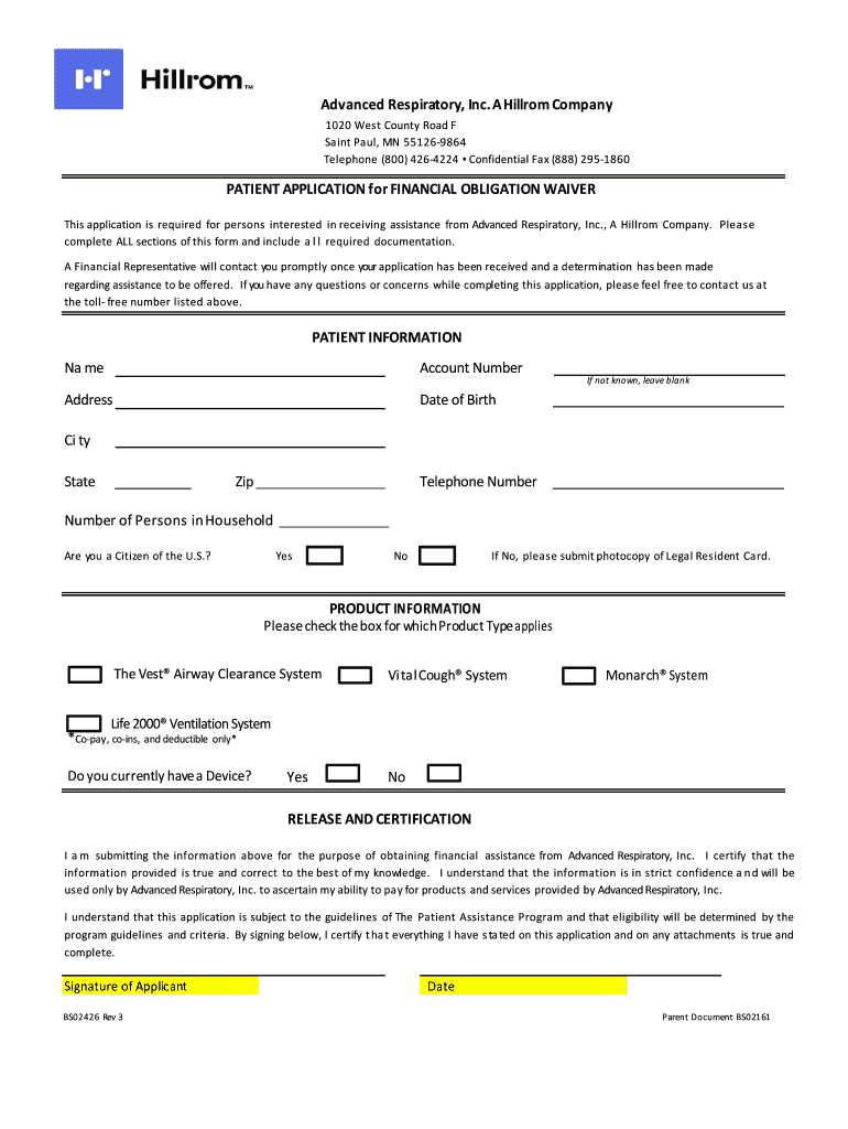 Fillable Online Patient Financial Assistance Application Hill  Form