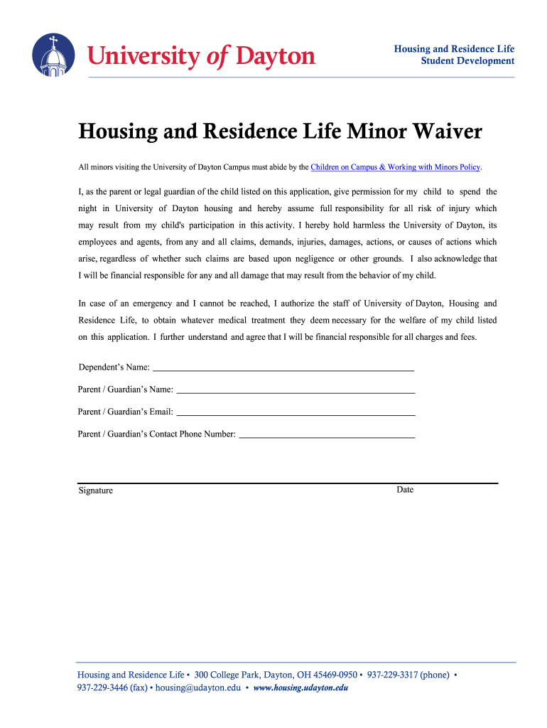 Housing and Residence Life Minor Waiver University of Dayton  Form