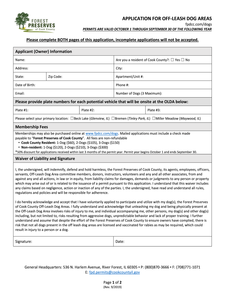  off Leash Dog Area Application Forest Preserves of Cook 2019