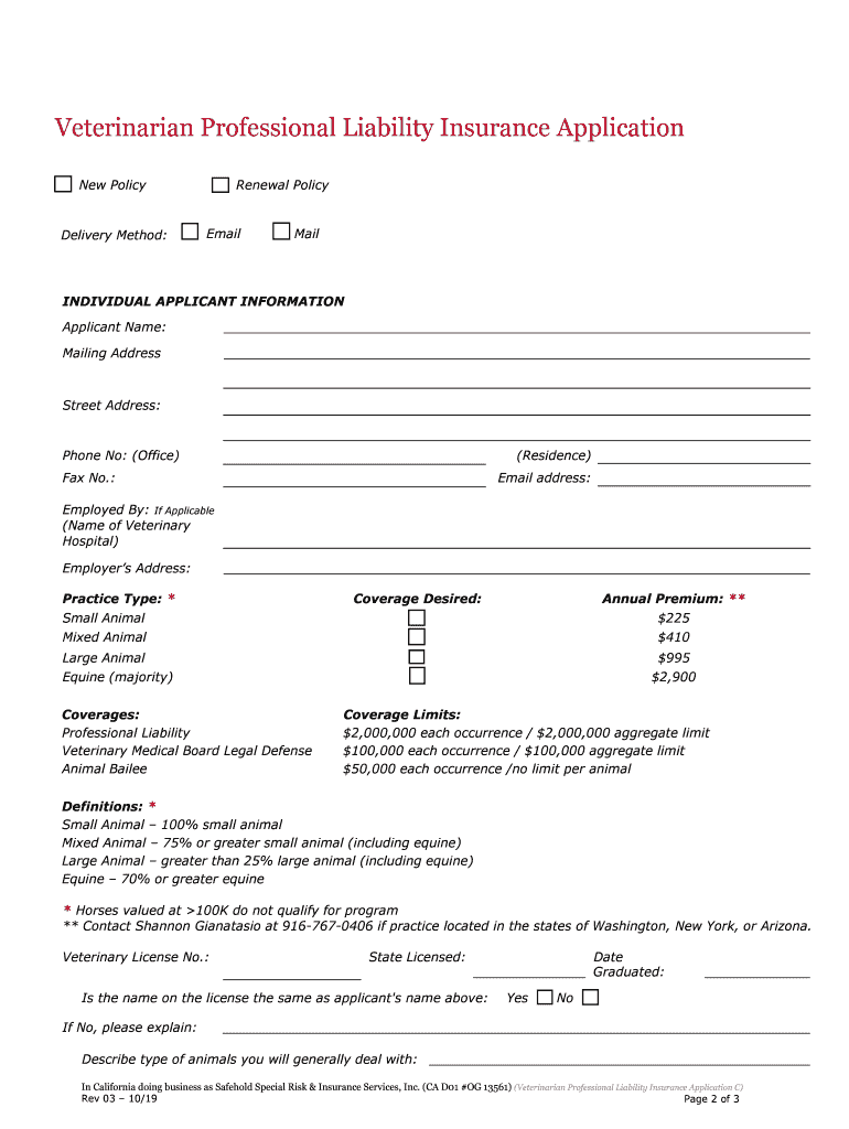 Veterinarian Professional Liability Insurance Application  Form