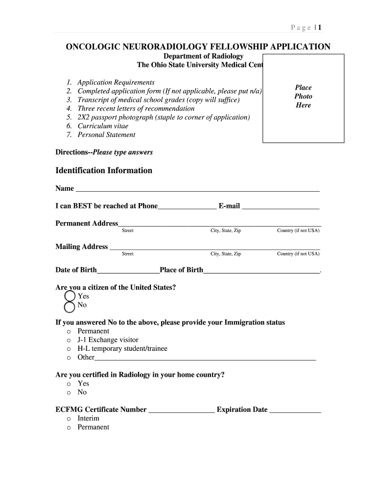 ONCOLOGIC NEURORADIOLOGY FELLOWSHIP APPLICATION  Form