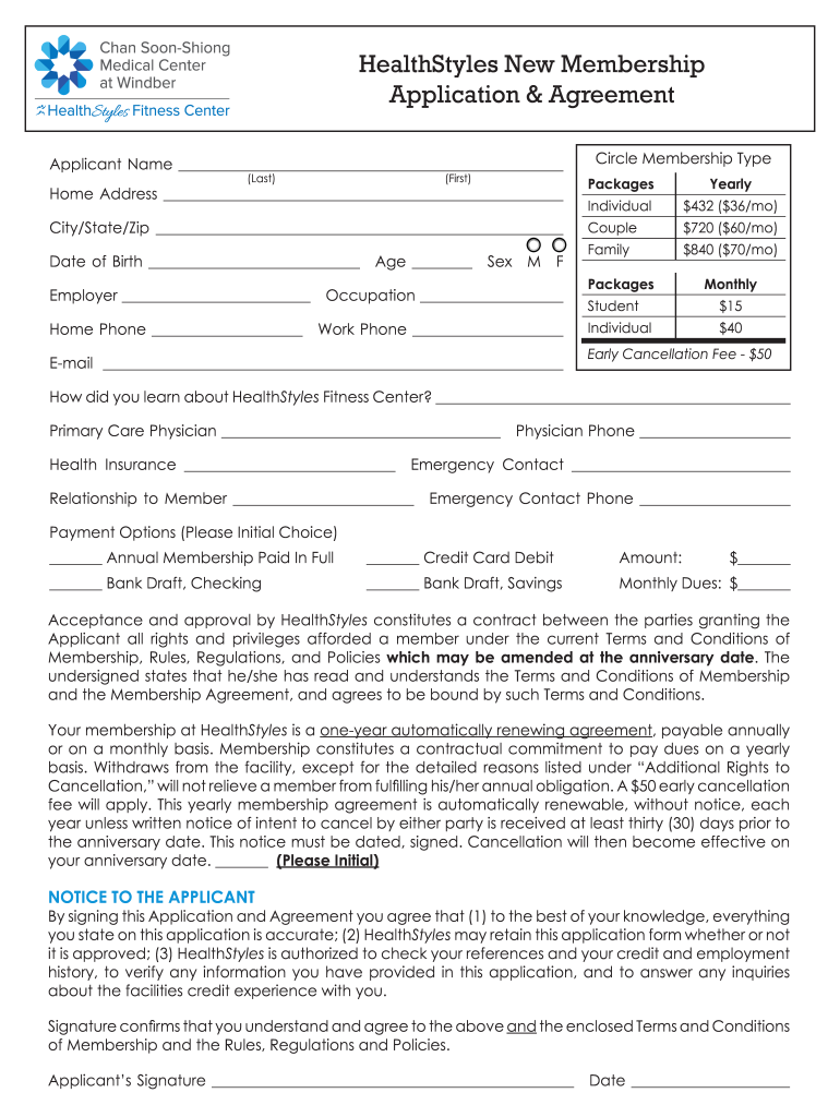 HealthStyles New Membership Application &amp; Agreement  Form