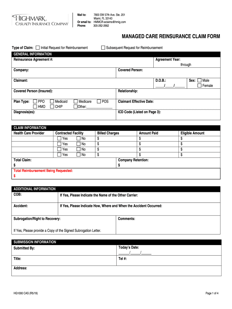 MANAGED CARE REINSURANCE CLAIM FORM