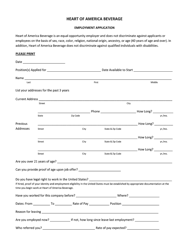 Application for Employment Heart of America Beverage  Form