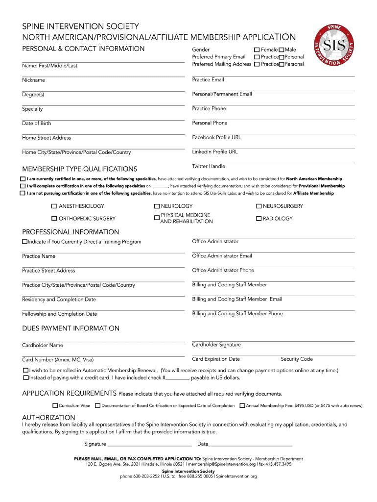North American Provisional Affilate Membership Application  Form