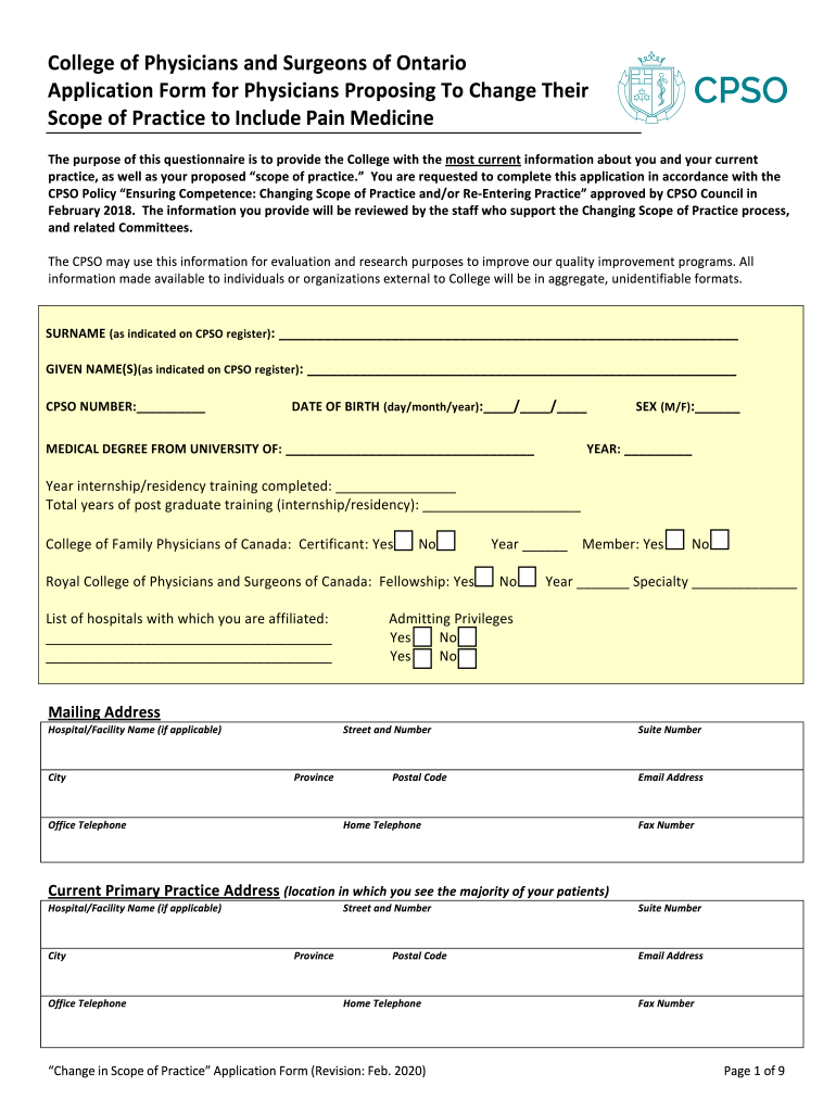 Change of Scope Application Pain Medicine  Form