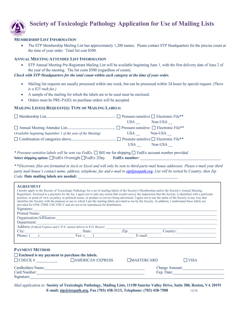 Society of Toxicologic Pathology Application for Use of Mailing Lists  Form