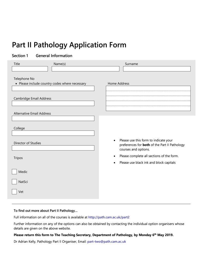 Part II Pathology Application Form University of Cambridge