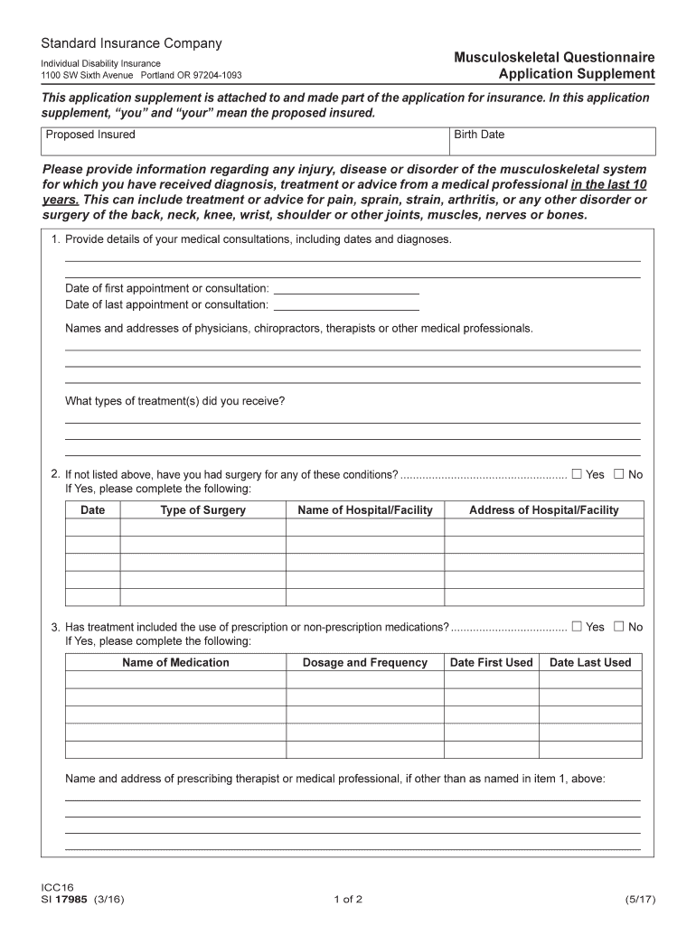 Get and Sign MusculoSkeletal Questionnaire Application Supplement Individual Disability ICC16, 17985 PDF GR 81178, 87436 2017-2022 Form