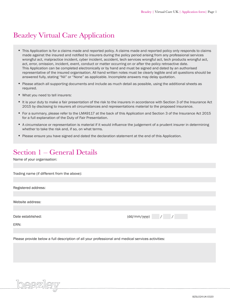 Get and Sign Beazley Virtual Care Application Small Business  Form