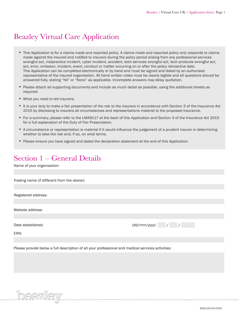 Beazley Virtual Care Application Small Business  Form