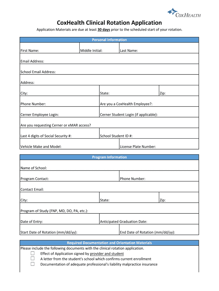 CoxHealth Clinical Rotation Application  Form