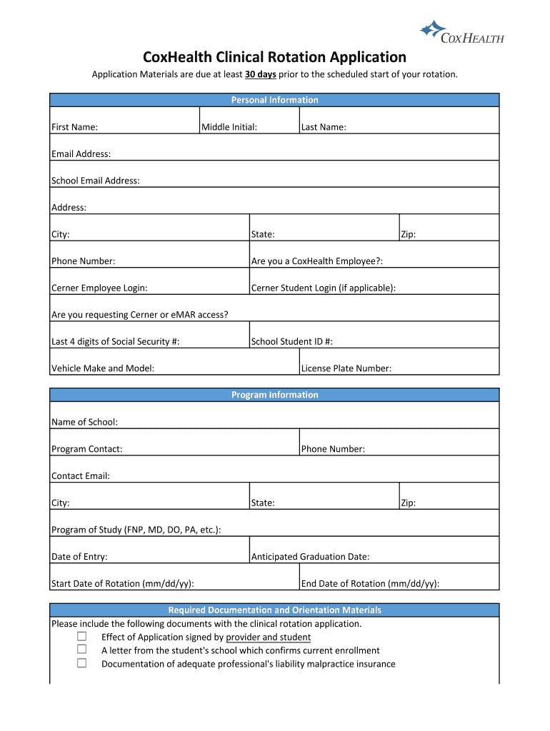 CoxHealth Clinical Rotation Application Form