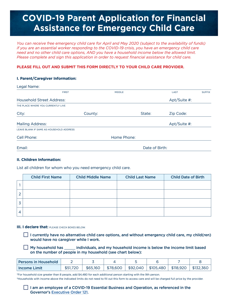 COVID 19 Parent Application for Financial Assistance for  Form