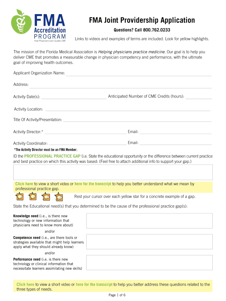 FMA Joint Providership Application Florida Medical Association  Form