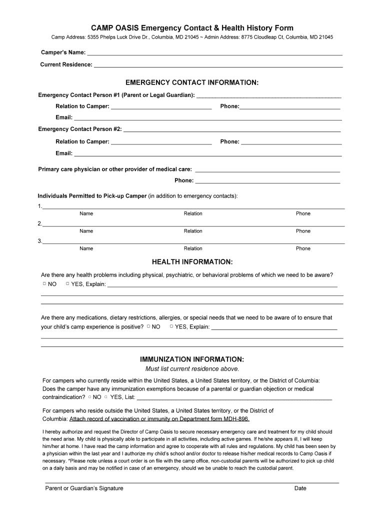 CAMP OASIS Emergency Contact &amp;amp;amp; Health History Form