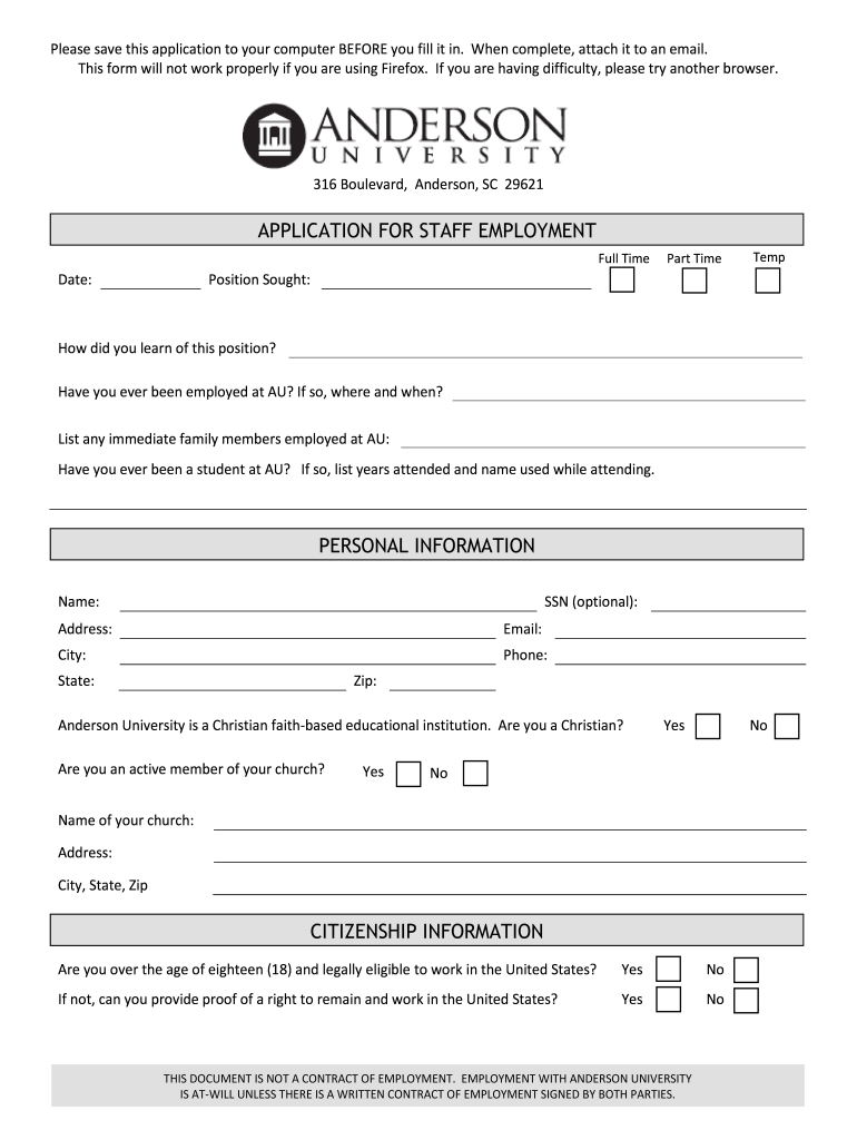 Application for Staff Employment Personal Information