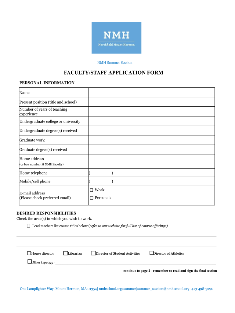 FACULTYSTAFF APPLICATION FORM Northfield Mount Hermon