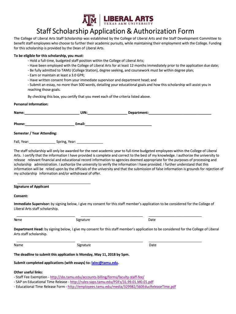  CLLA Staff Scholarship Form Texas A&M University 2018