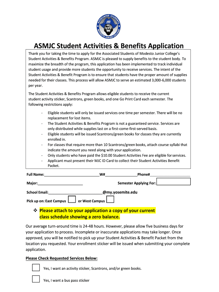 ASMJC Student Activities & Benefits Application Modesto  Form