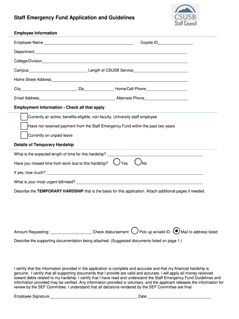 Staff Emergency Fund Application and Guidelines  Form