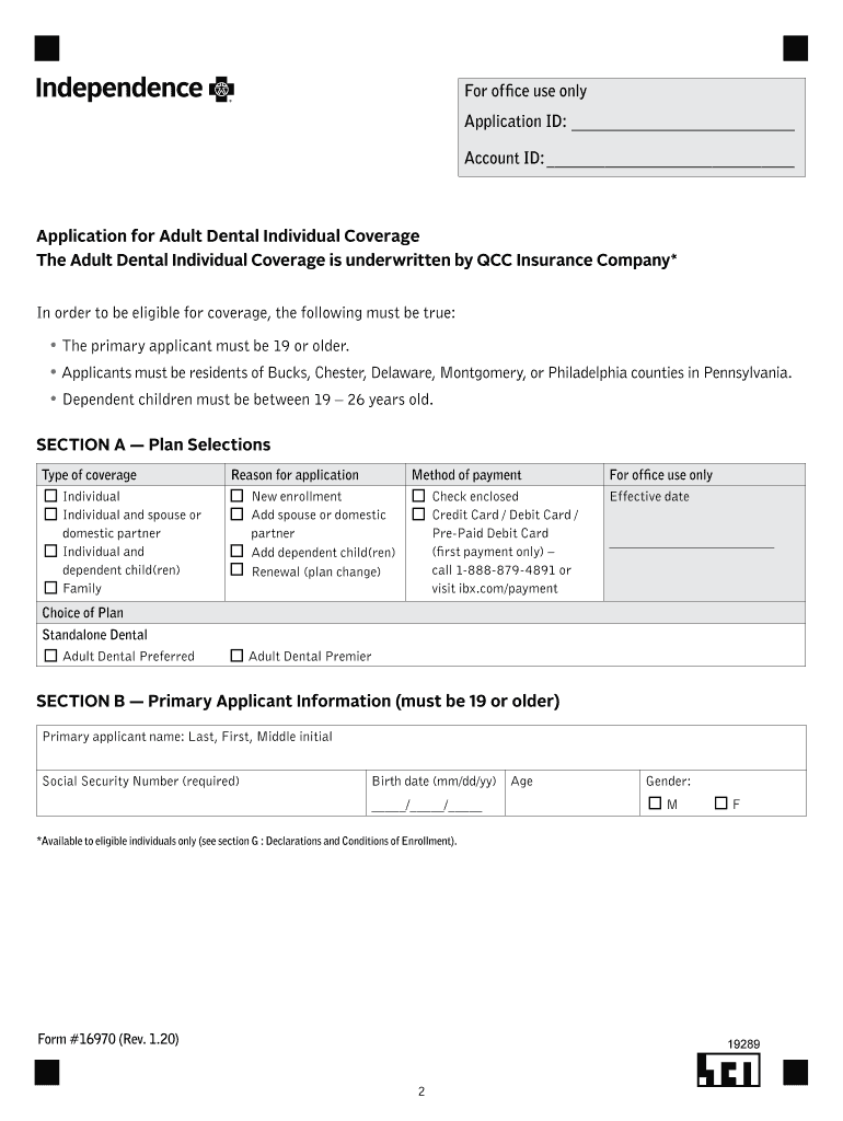 Application for Adult Dental Individual Coverage IBX Medicare  Form