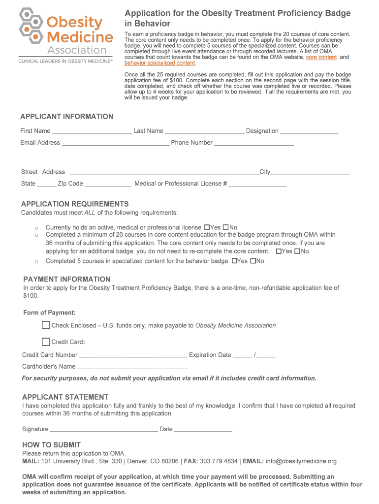 Application for Obesity Treatment Proficiency Badge in Nutrition  Form