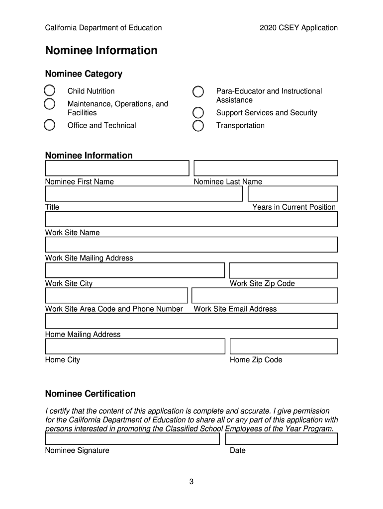 CSEY Application Classified School Employees of the YearCA Department of Education Form Used to Apply for the Classified School 