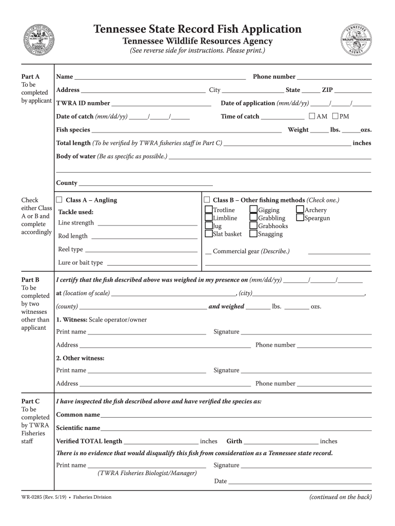Tennessee State Record Fish Application Application and Instructions for State Record Fish WR 0285  Form