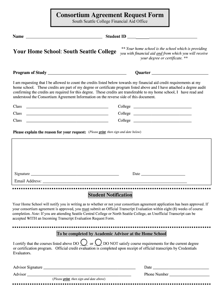  Consor Tium Agreement Request Form S South Seattle College 2018