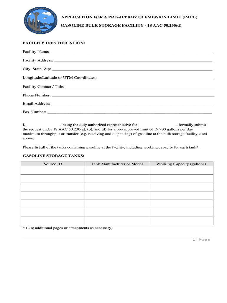 APPLICATION for a PRE APPROVED EMISSION LIMIT PAELgasoline Distribution Center2012 2  Form