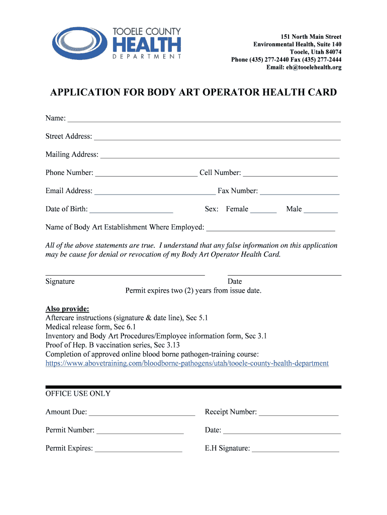Application for Body Art Operator  Form