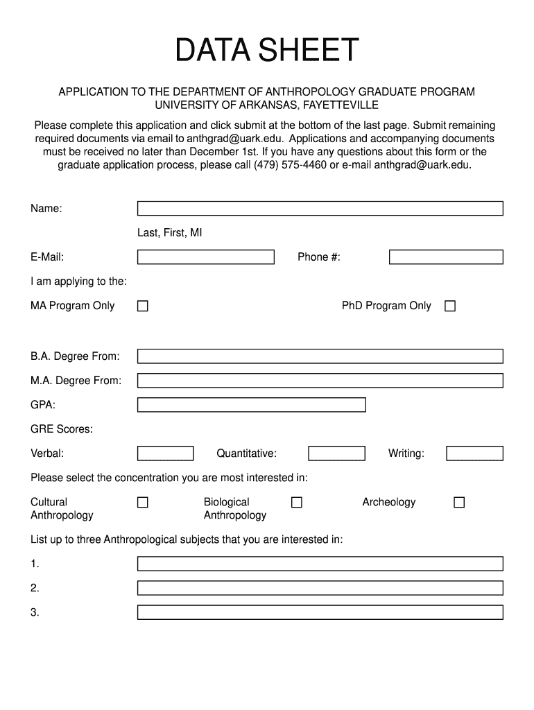 Data Sheet University of Arkansas  Form