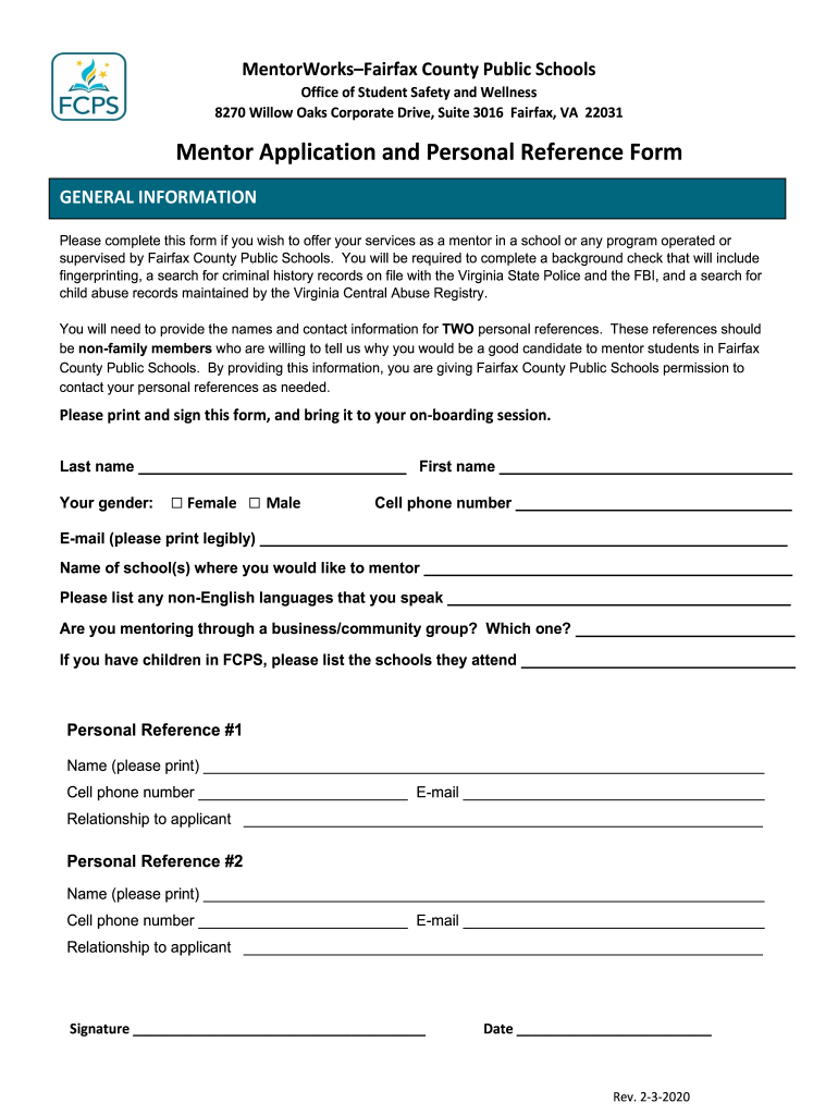  MentorWorks Application and Personal Reference Form 2020-2024