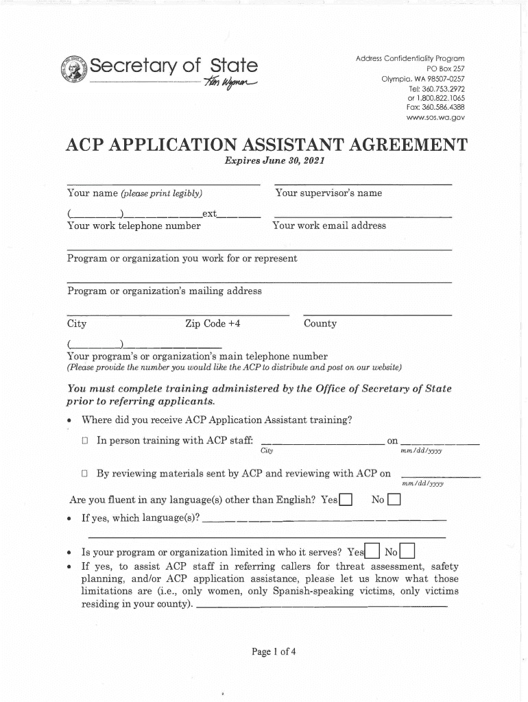 ACP APPLICATION ASSISTANT AGREEMENT Sos Wa Gov Form Fill Out And Sign 