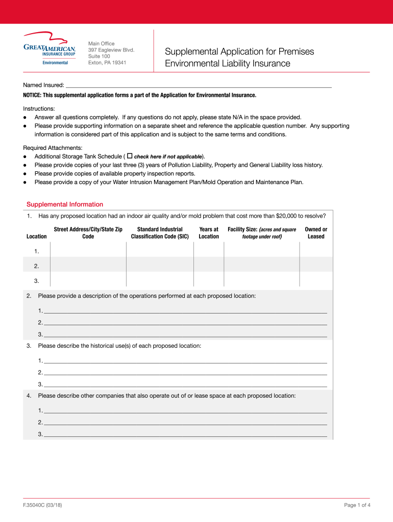 Get and Sign Supplemental Application for Premises Environmental Liability 2018-2022 Form