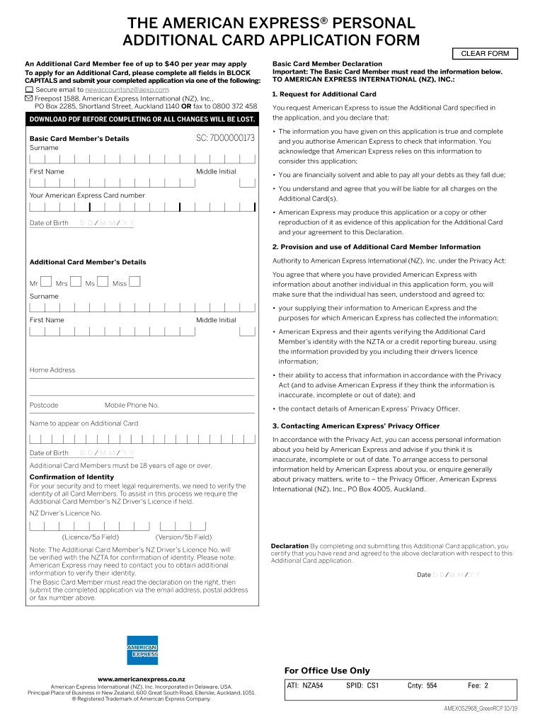  the American Express Personal Additional Card Application 2019-2024