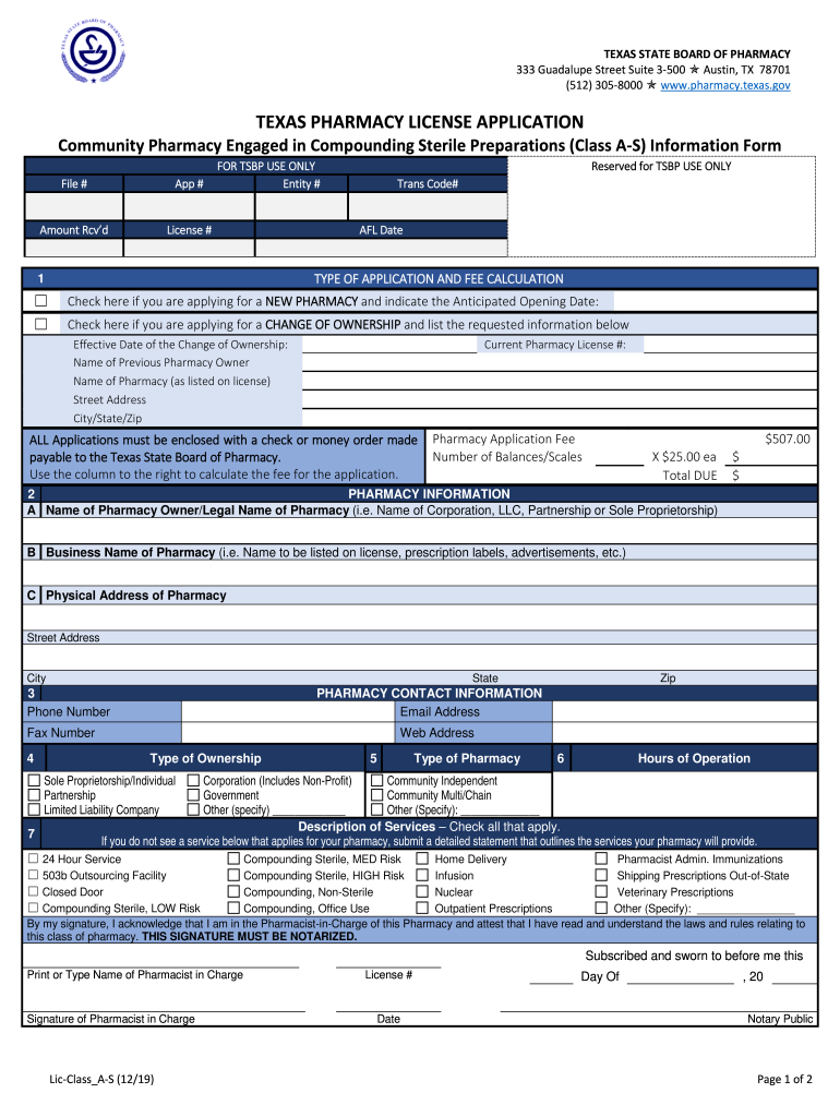 Texas Pharmacy License Application Texas State Board of  Form