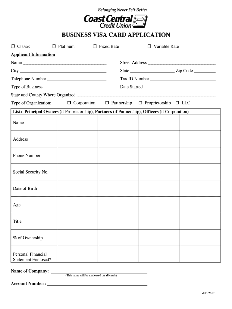  BUSINESS VISA CARD APPLICATION Coast Central Credit 2017-2024