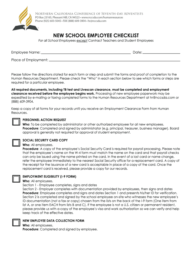 New School Employee Checklist Northern California Conference  Form