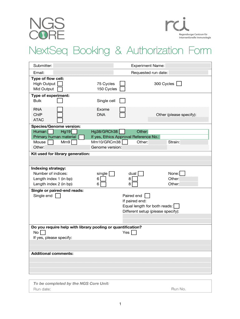 Booking Sheet for the NextSeq 550 Form DOCX